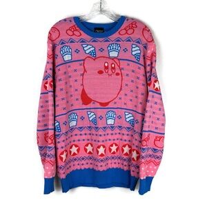 Nintendo Kirby Fast Food Long Sleeve Holiday Pullover Sweater in Pink/Blue